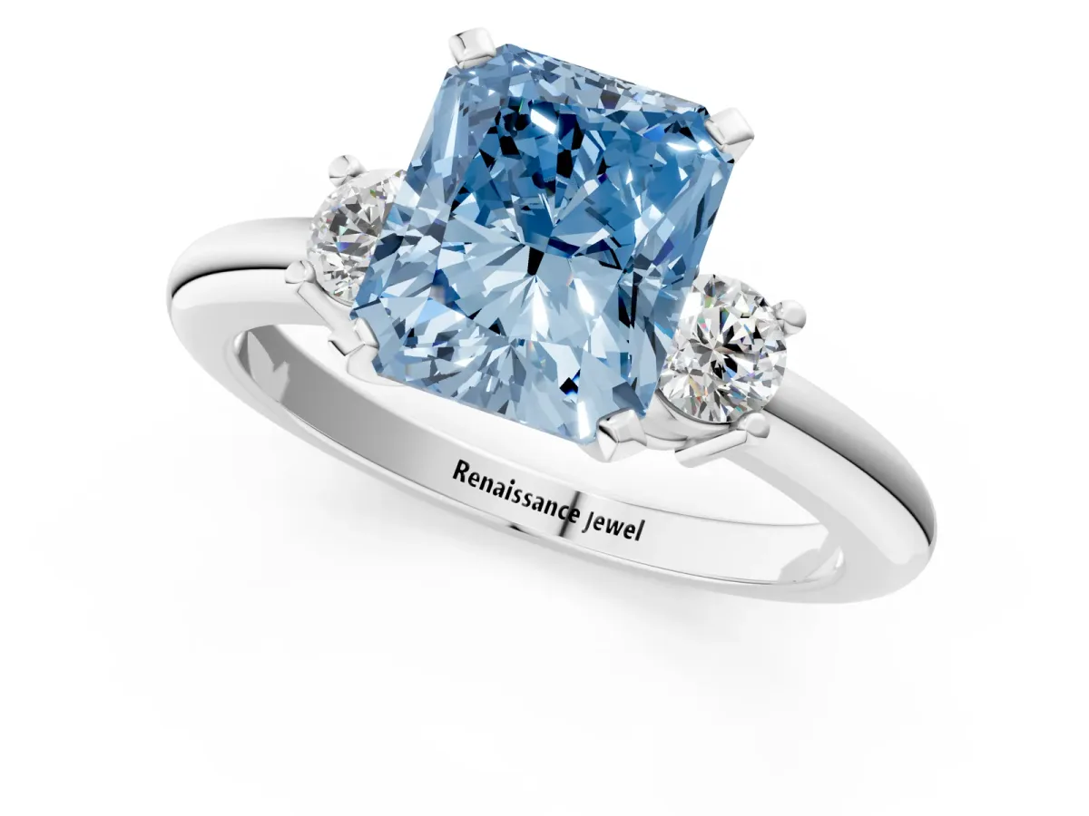 Fancy Blue Three-Stone Radiant Cut Cut Diamond Solitaire with Prong Setting and Classic Band Platinum