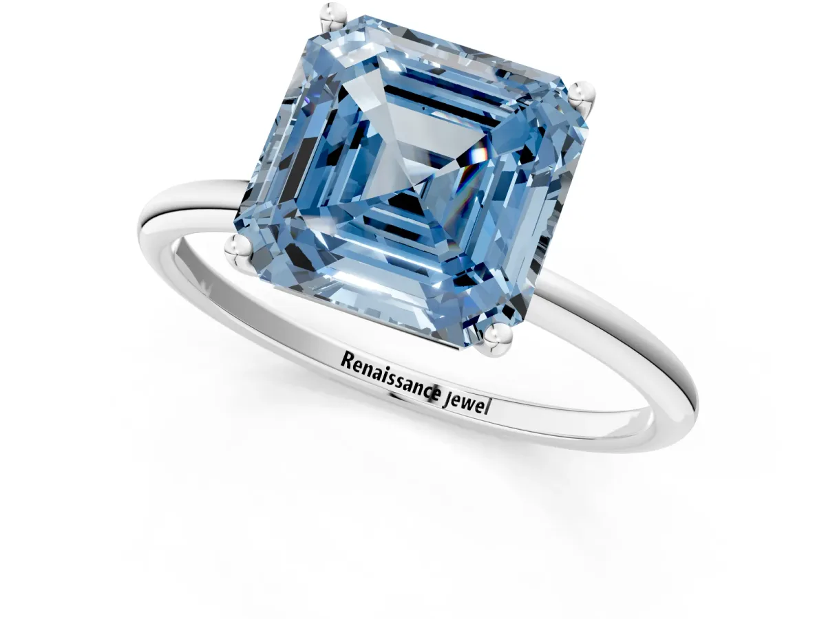 Fancy Blue Asscher Cut Cut Solitaire Engagement Ring with Thin Band and Four-Prong Setting Platinum