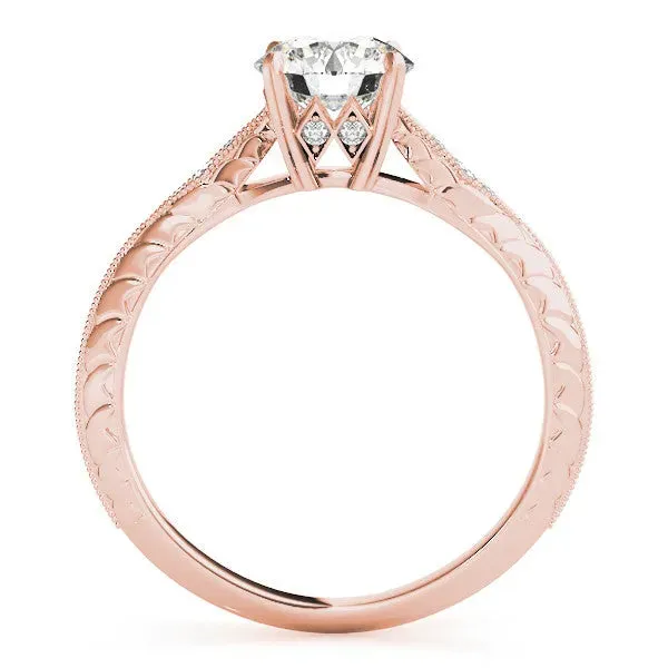 Round Cut Solitaire Diamond Ring with Milgrain Band and Four-Prong Setting Rose gold