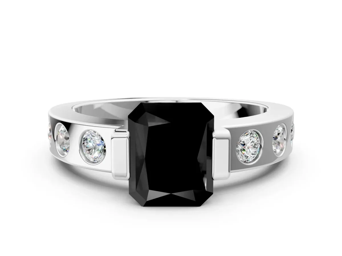 Fancy Black Radiant Cut Brilliant Channel-Set Diamond Ring with Bezel Prong Setting Platinum