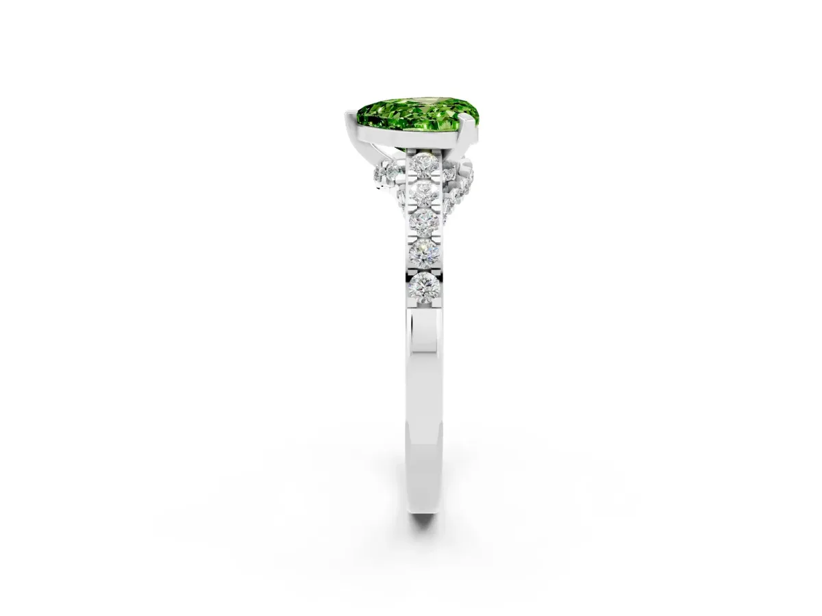 Heart Cut Peridot Solitaire Ring with Crossover Gallery and Round Pavé Band Silver