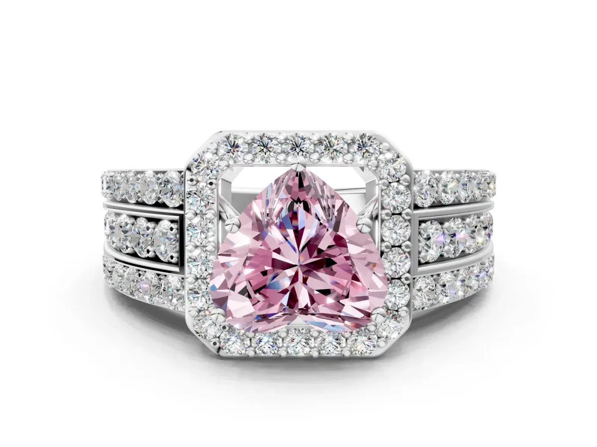 Fancy Pink Heart Cut Halo Diamond Ring with Round Split Shank and Prong Setting Platinum