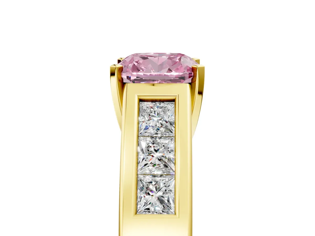 Fancy Pink Cushion Cut Cut Channel Set Solitaire Ring with Four-Prong Setting Yellow gold