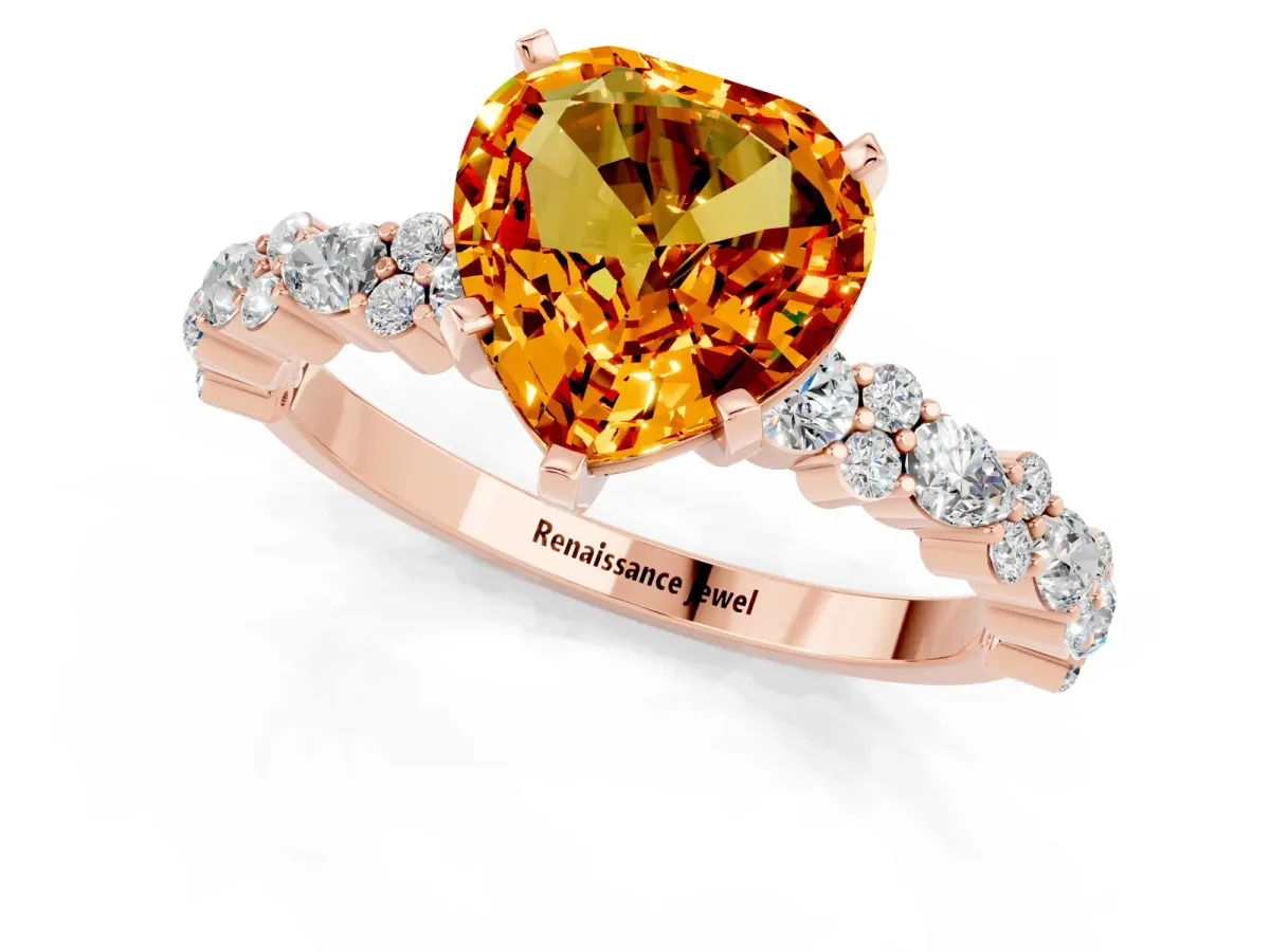Heart Cut Citrine Side Stone Solitaire Ring with Round and Four-Prong Setting Rose gold