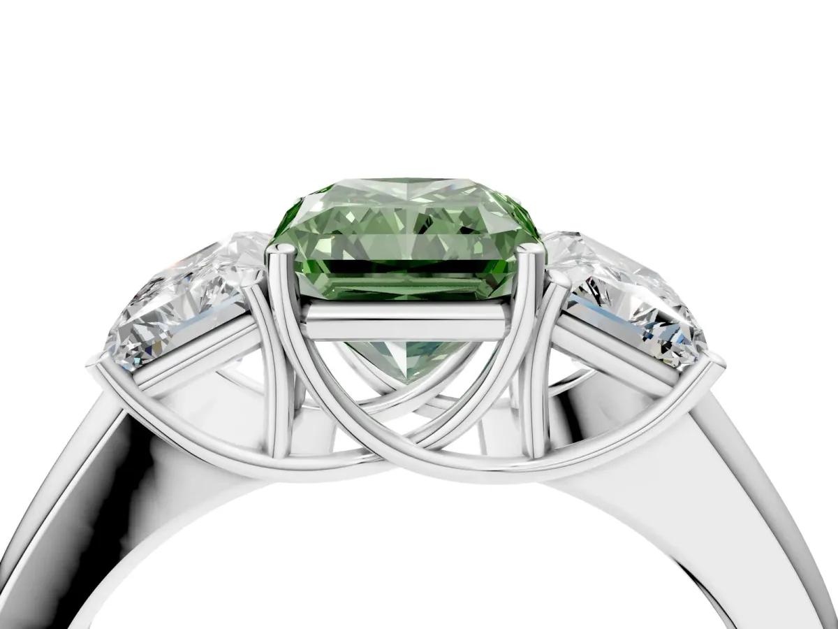 Fancy Green Three-Stone Radiant Cut Cut Diamond Ring with Prong Setting and Classic Band Platinum