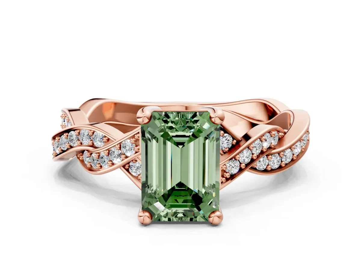 Fancy Green Emerald Cut Cut Twisted Pavé Band Solitaire Ring with Four-Prong Setting Rose gold