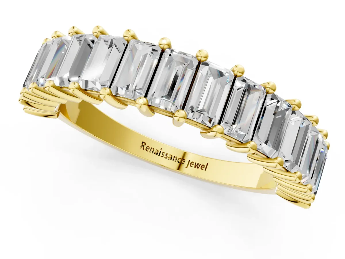 Baguette Cut Half Eternity Band with Shared Prong Setting Yellow gold