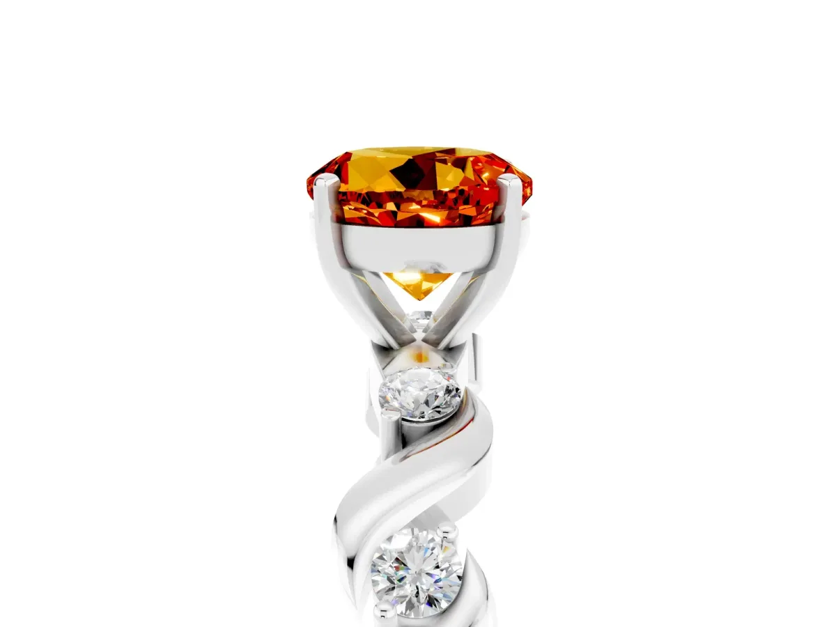 Round Cut Citrine Solitaire Twisted Band with Round Accents and Prong Setting Silver