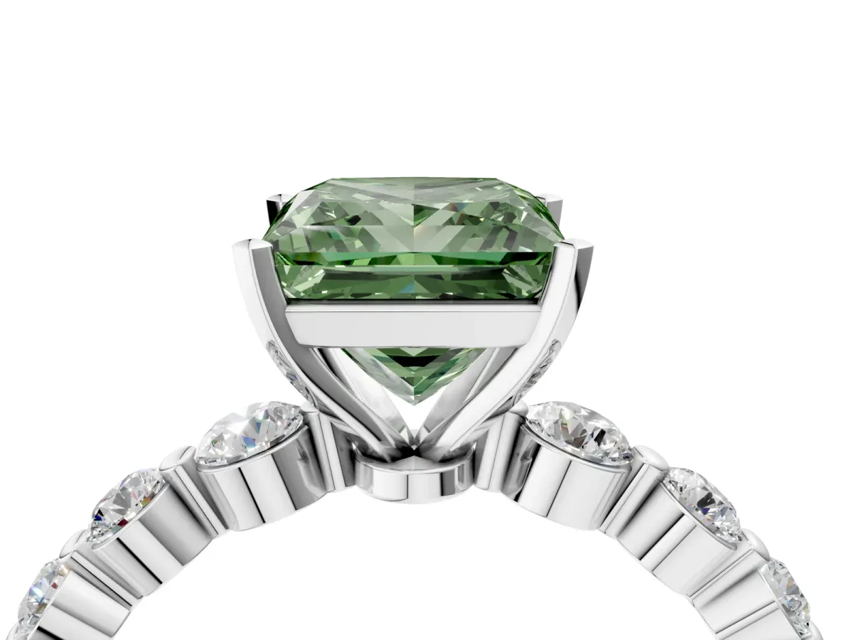 Fancy Green Princess Cut Solitaire Diamond Ring with Pave Band and Four-Prong Setting Silver