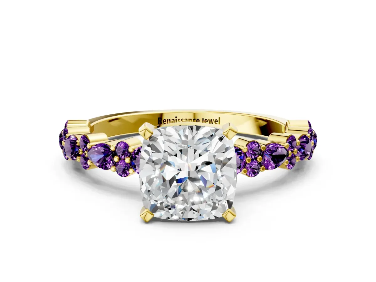 Cushion Cut Diamond Side Stone Solitaire Ring with Round Amethyst and Four-Prong Setting Yellow gold