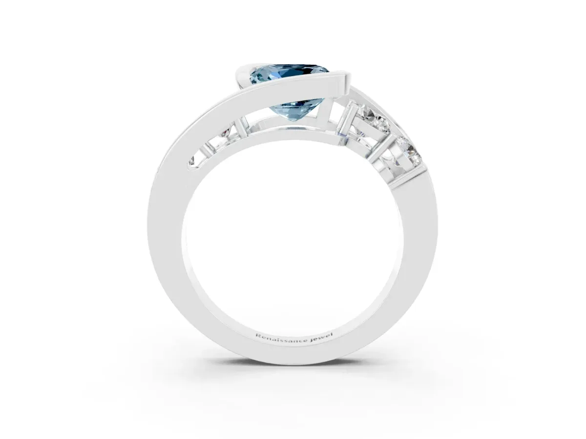 Bezel Set Cushion Cut Aquamarine Bypass Ring with Round Accents Silver