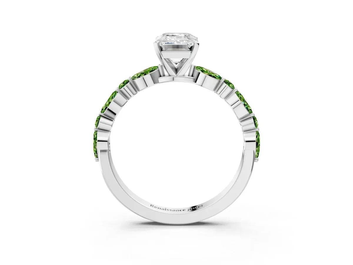 Emerald Cut Diamond Ring with Marquise and Round Peridot Side Stones and Four-Prong Setting Silver