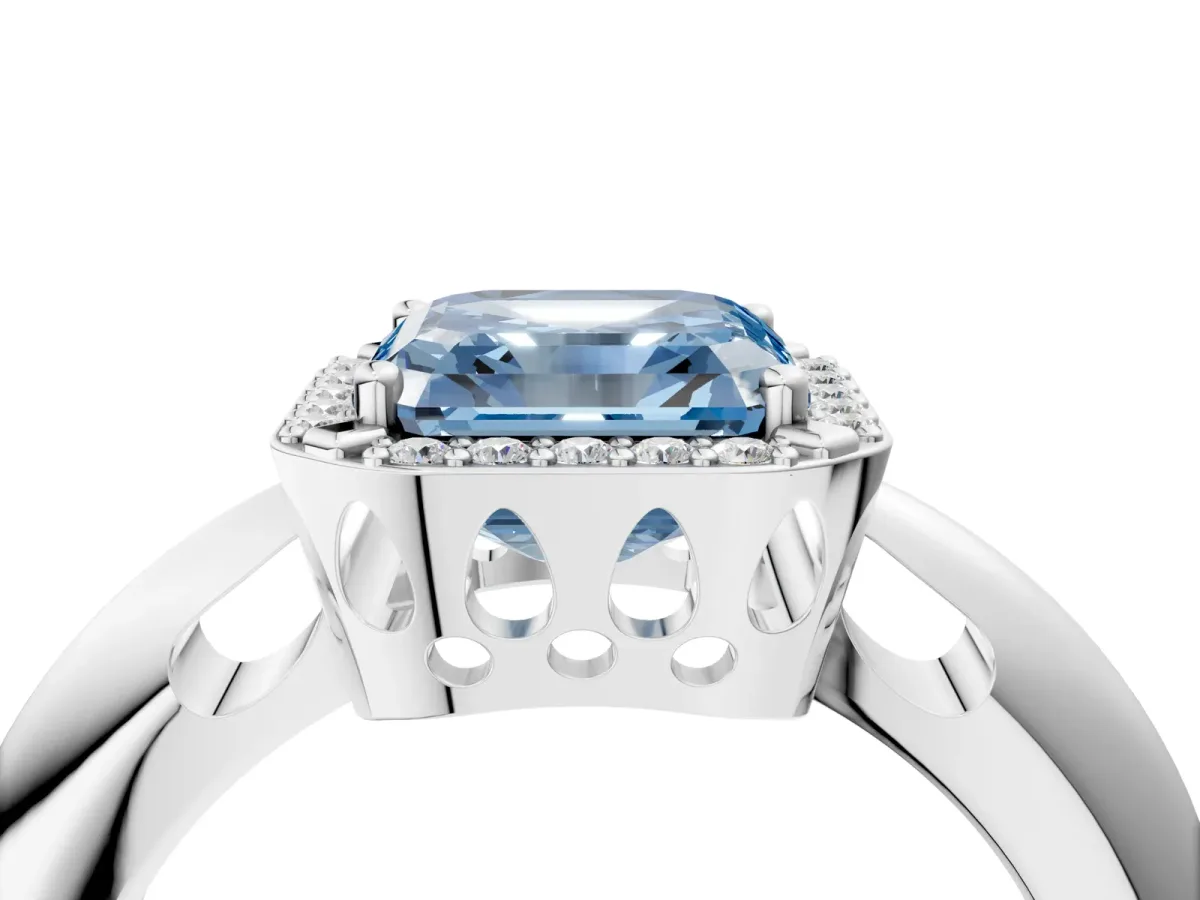 Fancy Blue Asscher Cut Cut Diamond Halo Engagement Ring with Split Shank and Four-Prong Setting Platinum