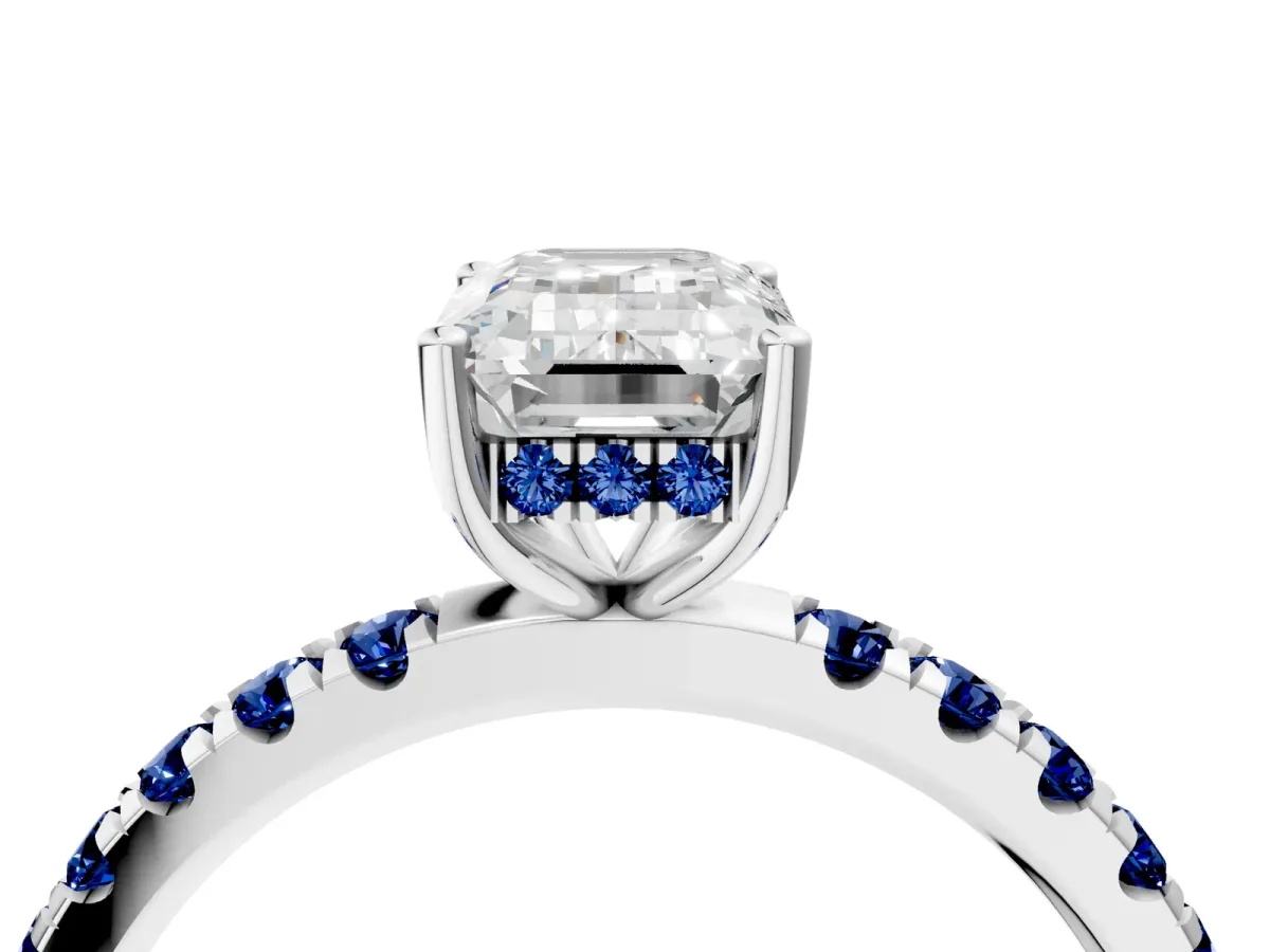Emerald Cut Diamond Pave Band Solitaire Ring with Round Blue Sapphire and Prong Setting Silver