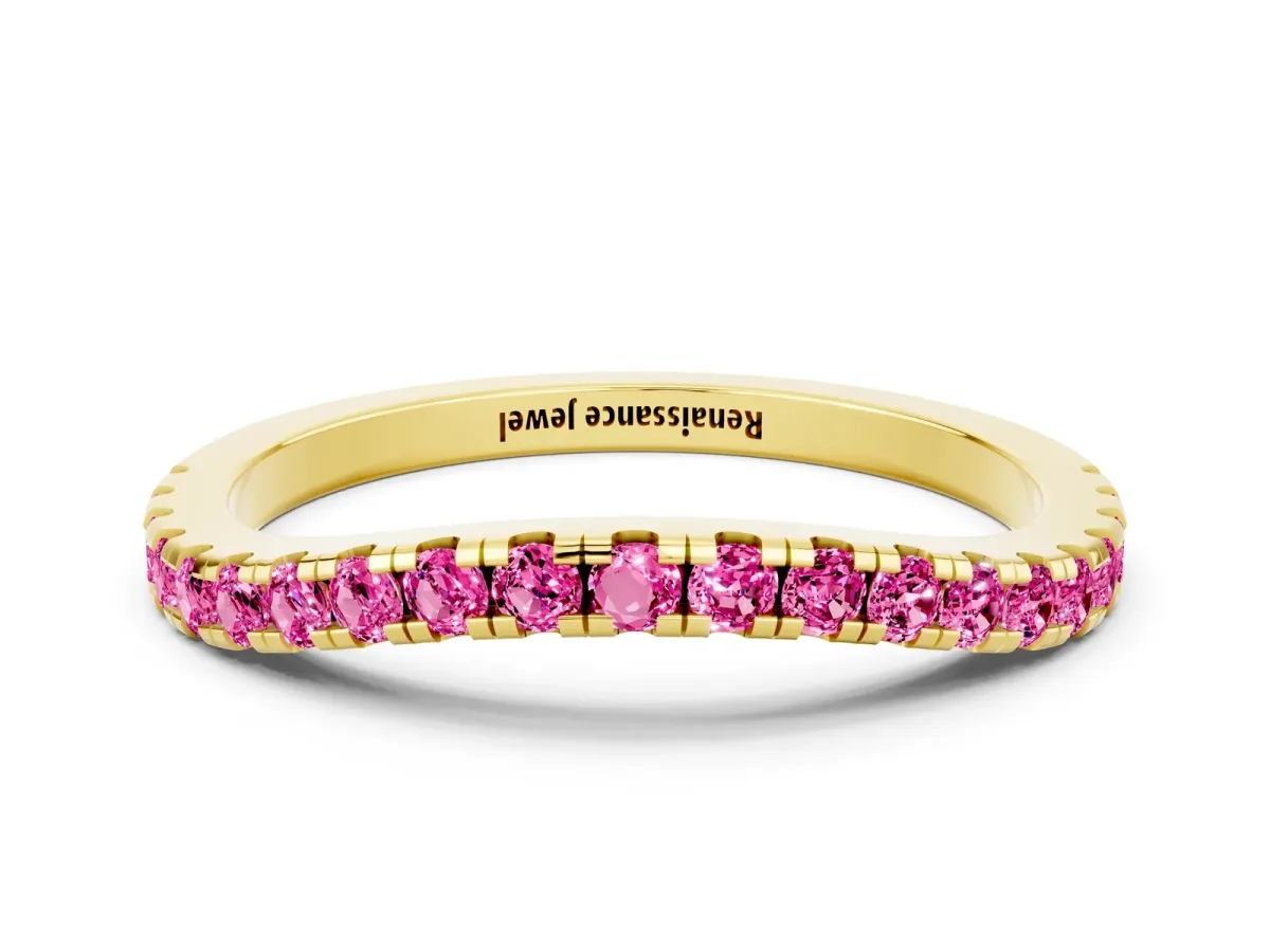 Round Pink Sapphire Pavé Half Eternity Band with Shared Prong Setting Yellow gold