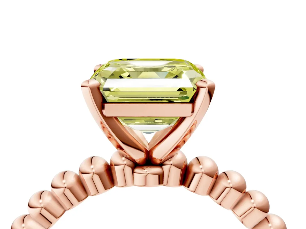 Fancy Yellow Asscher Cut Diamond Solitaire Ring with Beaded Band and Prong Setting Rose gold