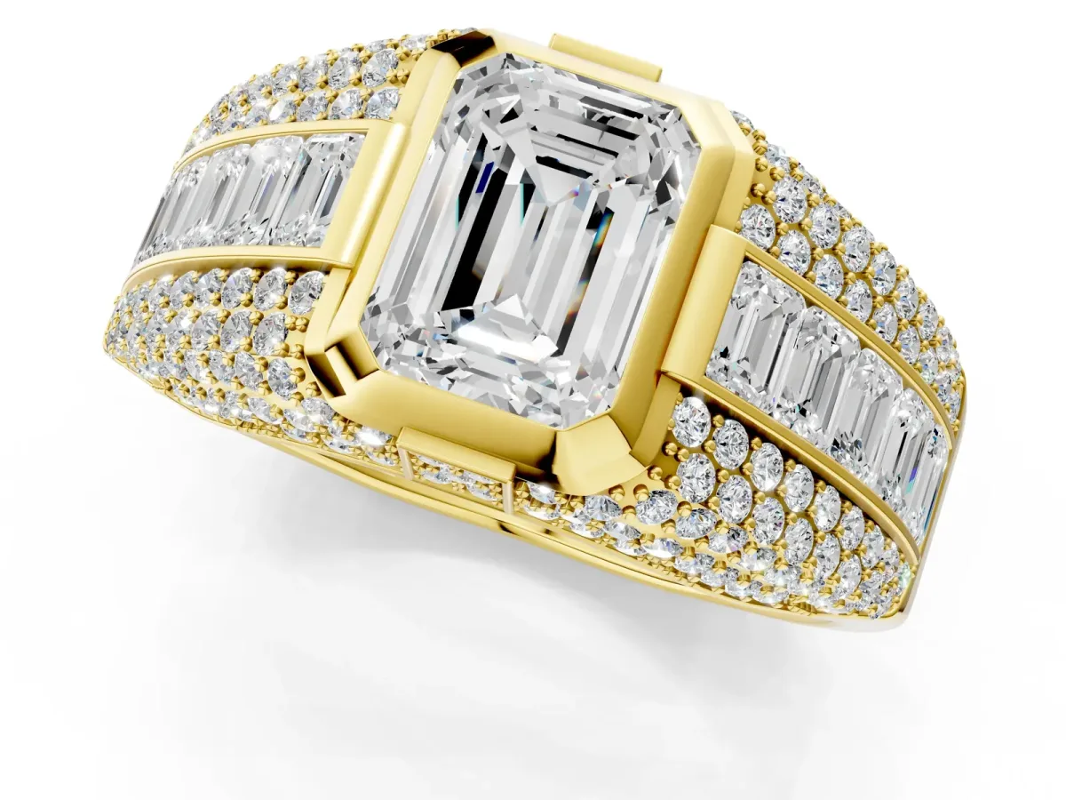 Emerald Cut Diamond Mens Ring with Side Stones Yellow gold