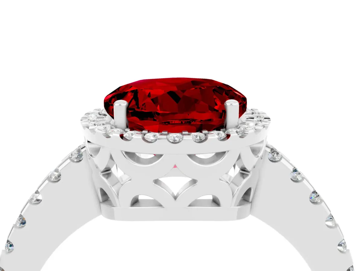 Round Cut Ruby Halo Engagement Ring with Pavé Band and Prong Setting White gold