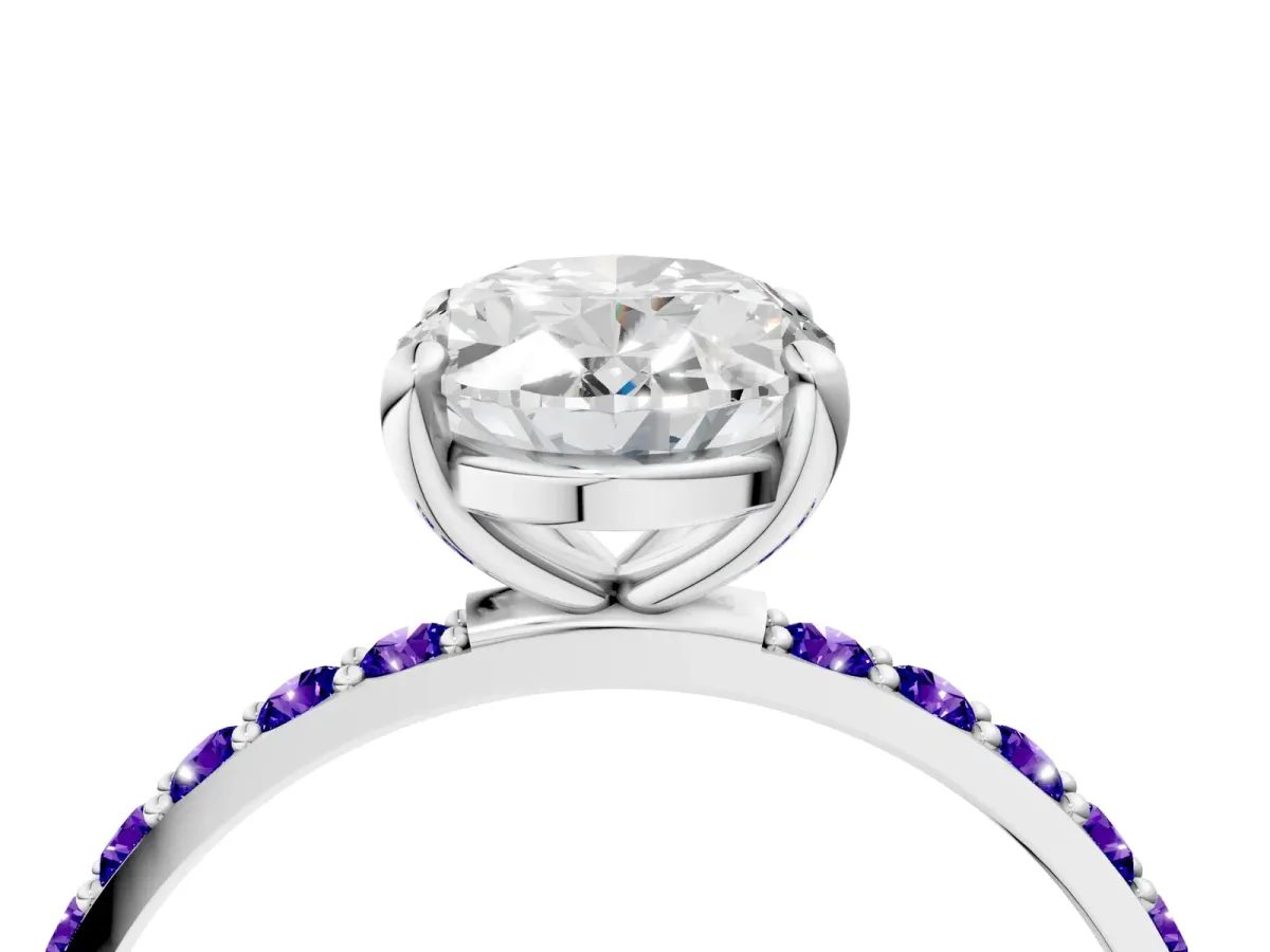 Oval Cut Diamond Solitaire Ring with Round Tanzanite Pavé Band and Prong Setting Silver