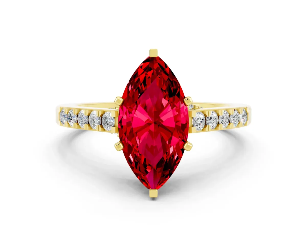 Marquise Cut Ruby Solitaire Ring with Crossover Gallery and Round Pavé Band Yellow gold