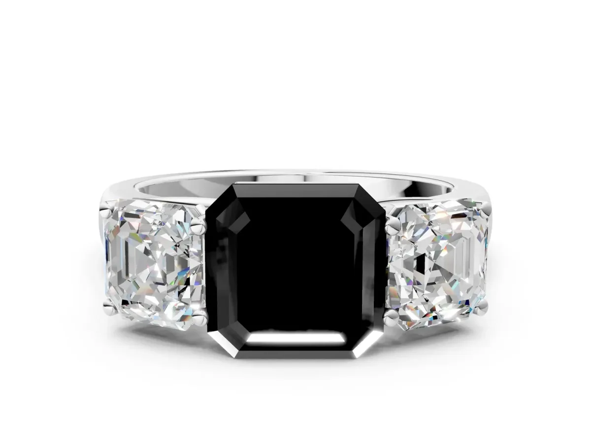 Fancy Black Asscher Cut Three-Stone Diamond Ring with Prong Setting on a Classic Band Platinum