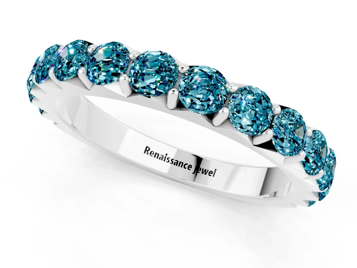 Round Blue Topaz Half Eternity Band with Classic Prong Setting Platinum