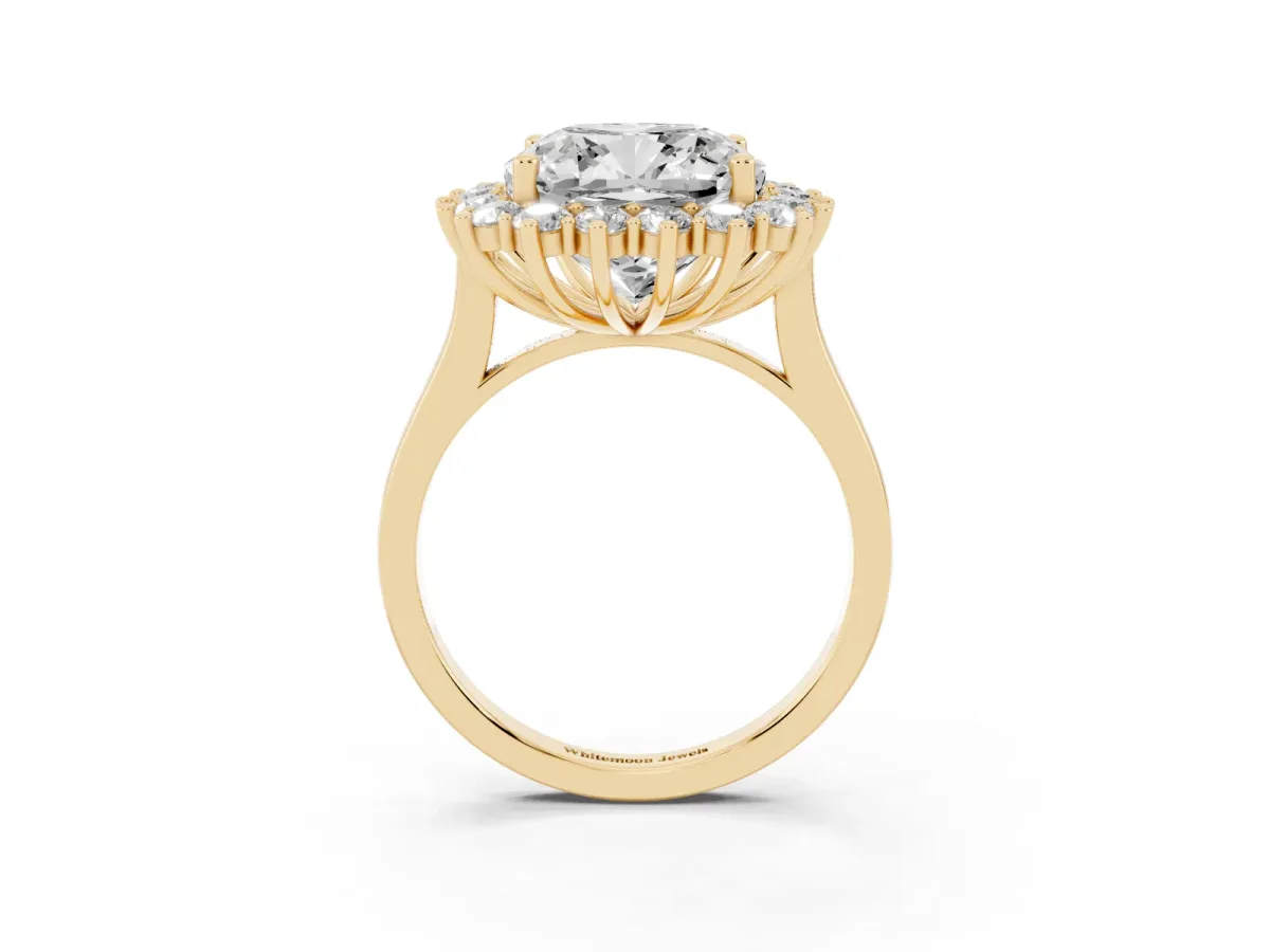 Cushion Diamond Halo Engagement Ring with Round Diamond Accents Yellow gold