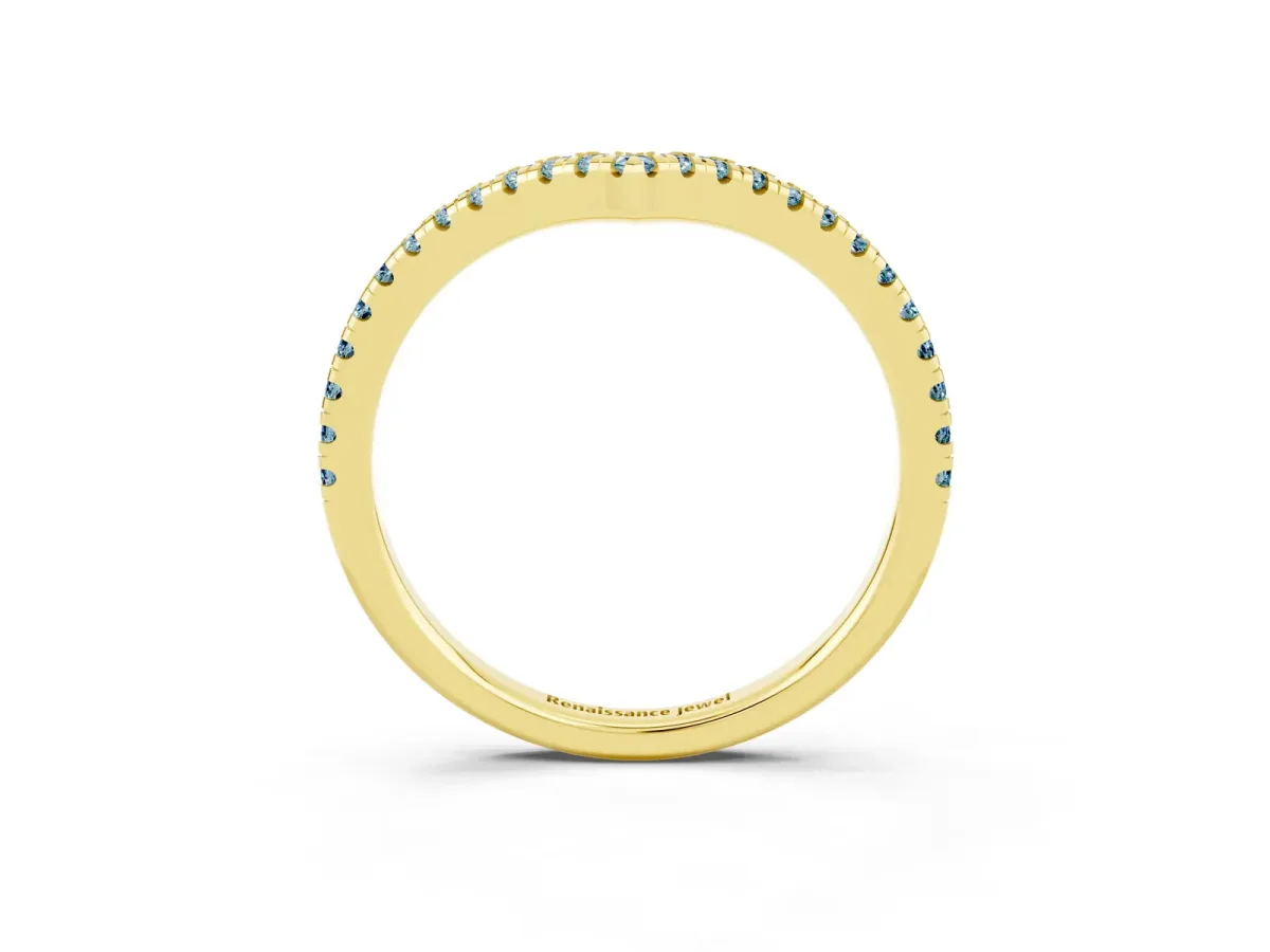Pavé Round Aquamarine V-Shaped Chevron Band with Shared Prong Setting Yellow gold