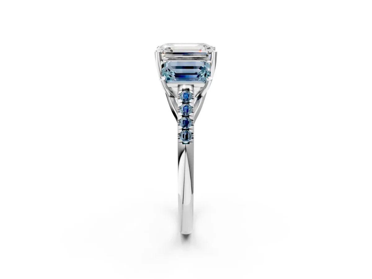 Three-Stone Emerald Cut Diamond Ring with Round Aquamarine Pavé Band and Prong Setting Silver