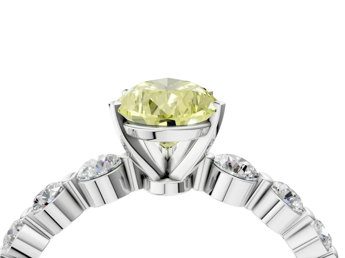 Fancy Yellow Pear Cut Solitaire Diamond Ring with Pave Band and Four-Prong Setting Silver