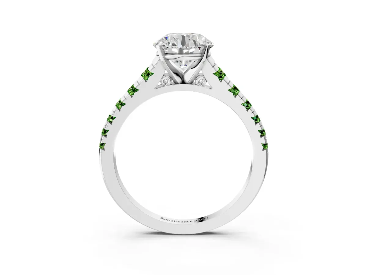 Round Cut Diamond Cathedral Solitaire Ring with Round Peridot Pavé Band Platinum