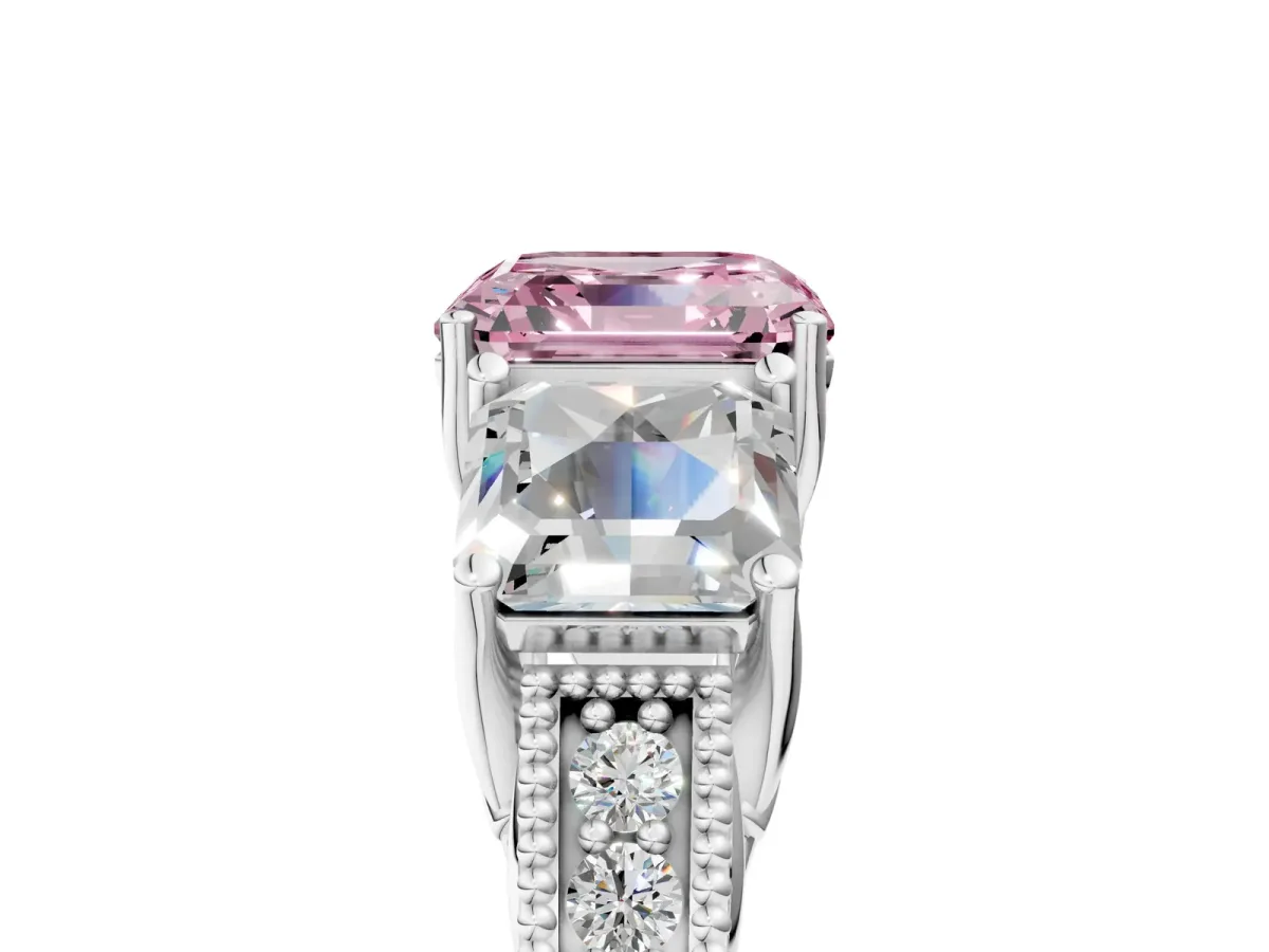 Fancy Pink Three-Stone Asscher Cut Cut Milgrain Pavé Engagement Ring Platinum