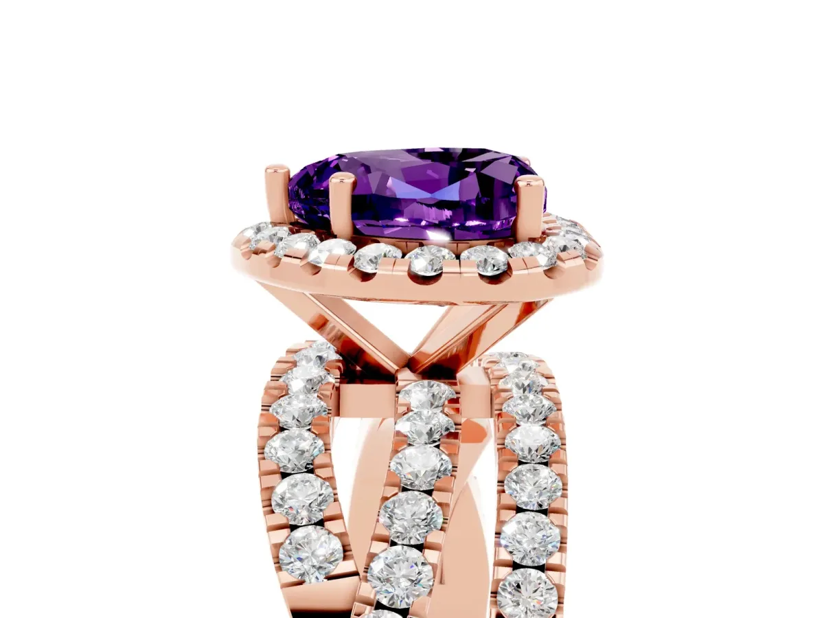 Heart Cut Amethyst Halo Ring with Round Split Shank and Prong Setting Rose gold