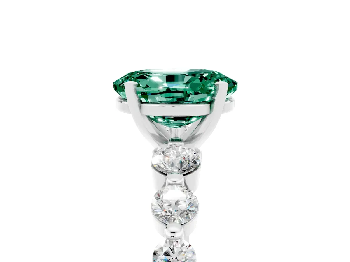 Oval Cut Solitaire Green Sapphire Ring with Pave Band and Four-Prong Setting Silver