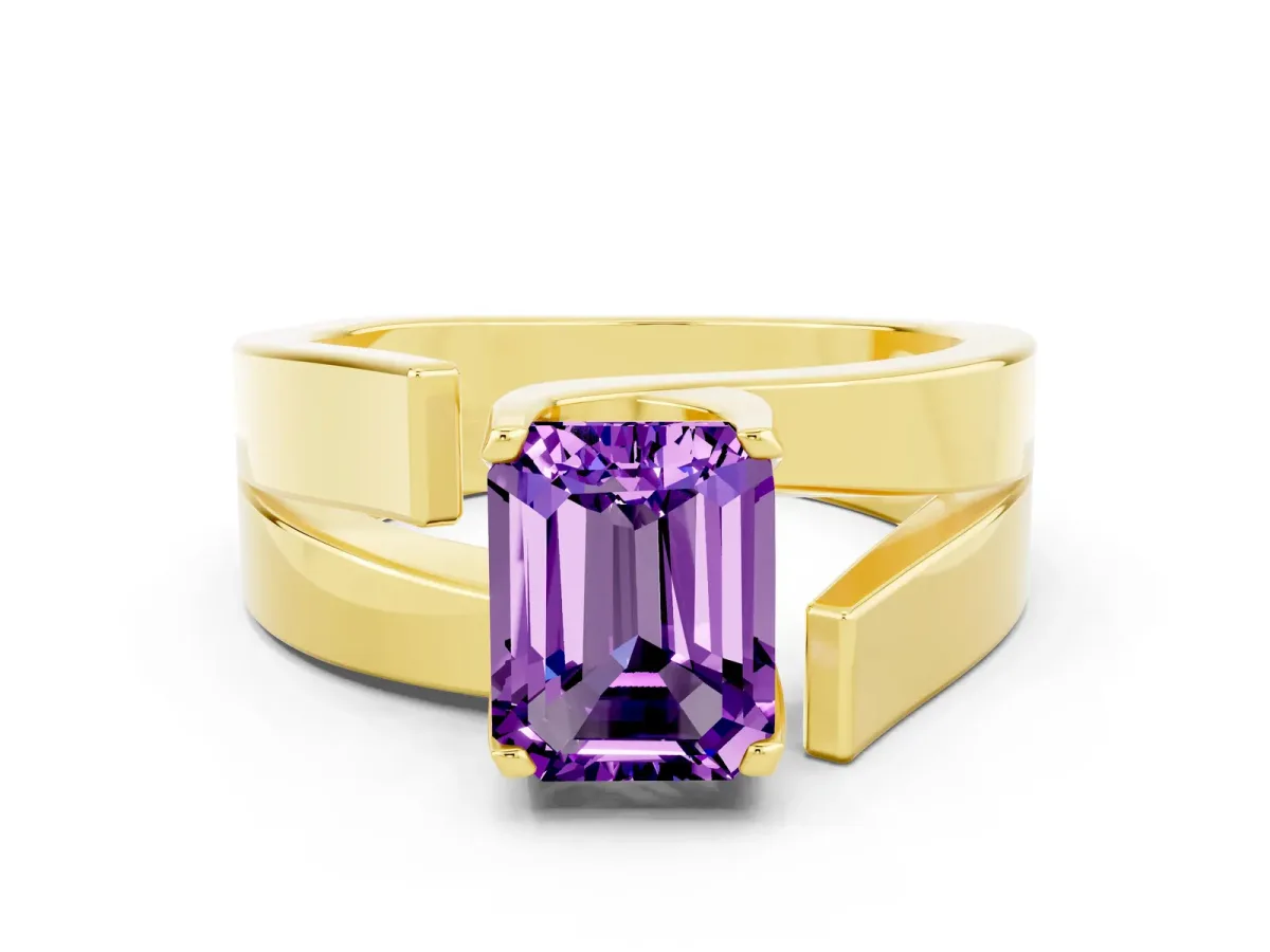 Modern Tension Set Emerald Cut Amethyst Solitaire Wide Band Ring Yellow gold