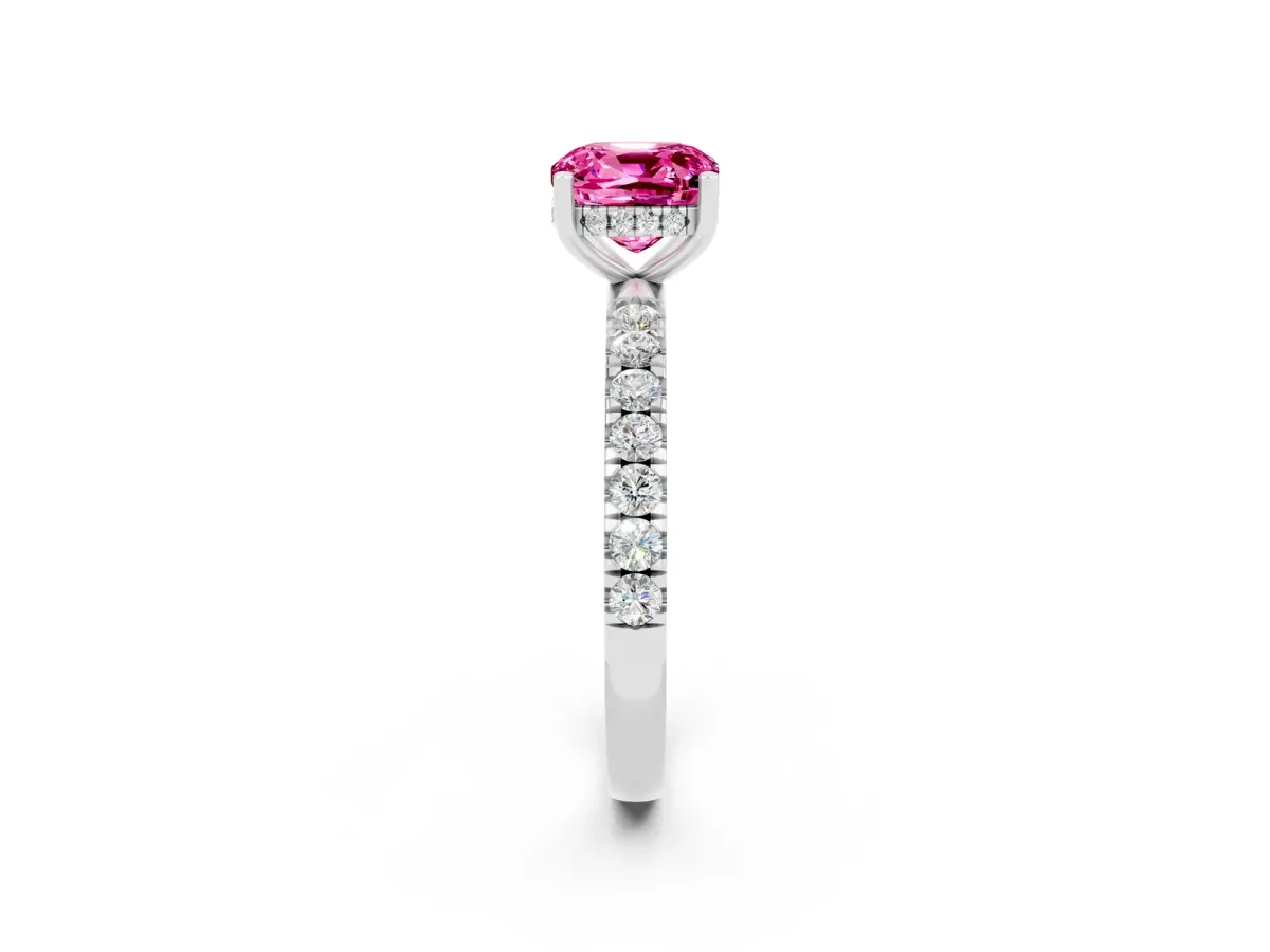 Cushion Cut Pink Sapphire Pave Band Solitaire Ring with Round and Prong Setting Silver