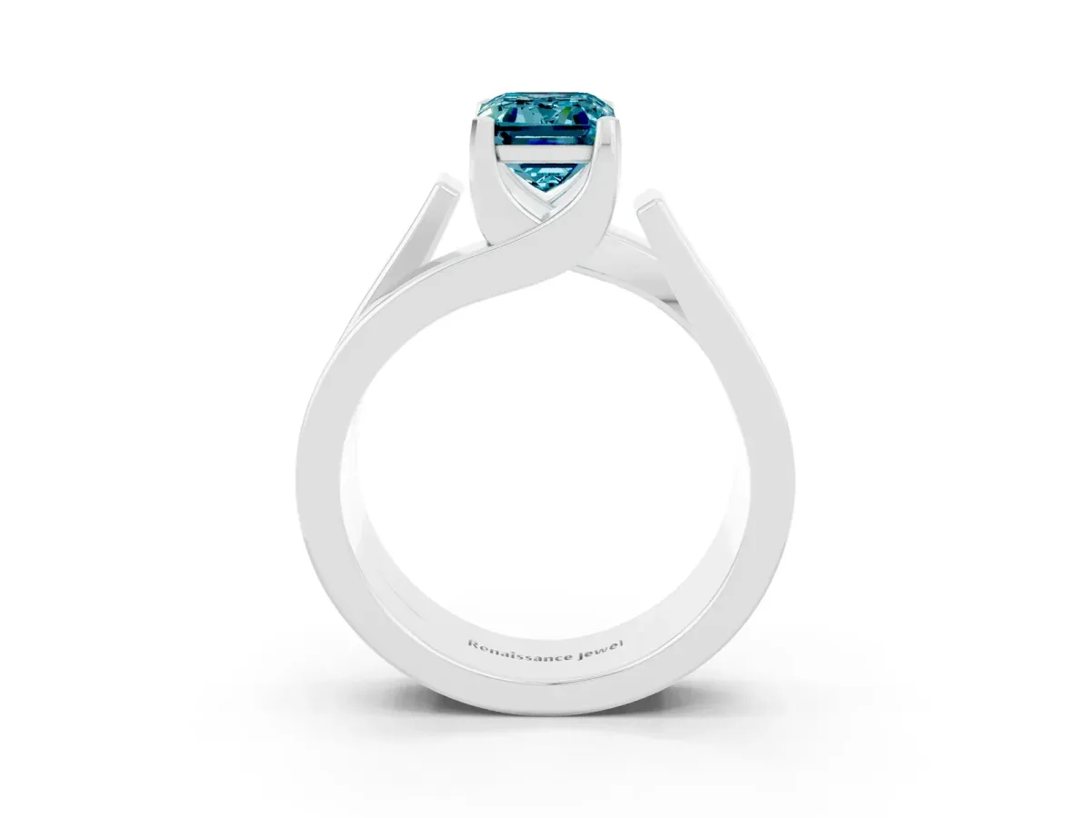 Modern Tension Set Emerald Cut Blue Topaz Solitaire Wide Band Ring Silver