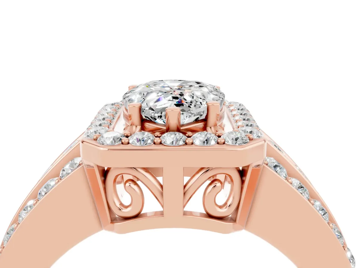 Pear Cut Halo Moissanite Ring with Round Split Shank and Prong Setting Rose gold