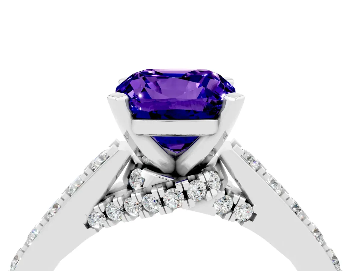 Cushion Cut Tanzanite Solitaire Ring with Crossover Gallery and Round Pavé Band Silver