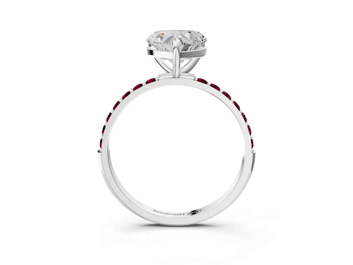Heart Cut Diamond Solitaire Ring with Round Garnet Pavé Band and Prong Setting Silver