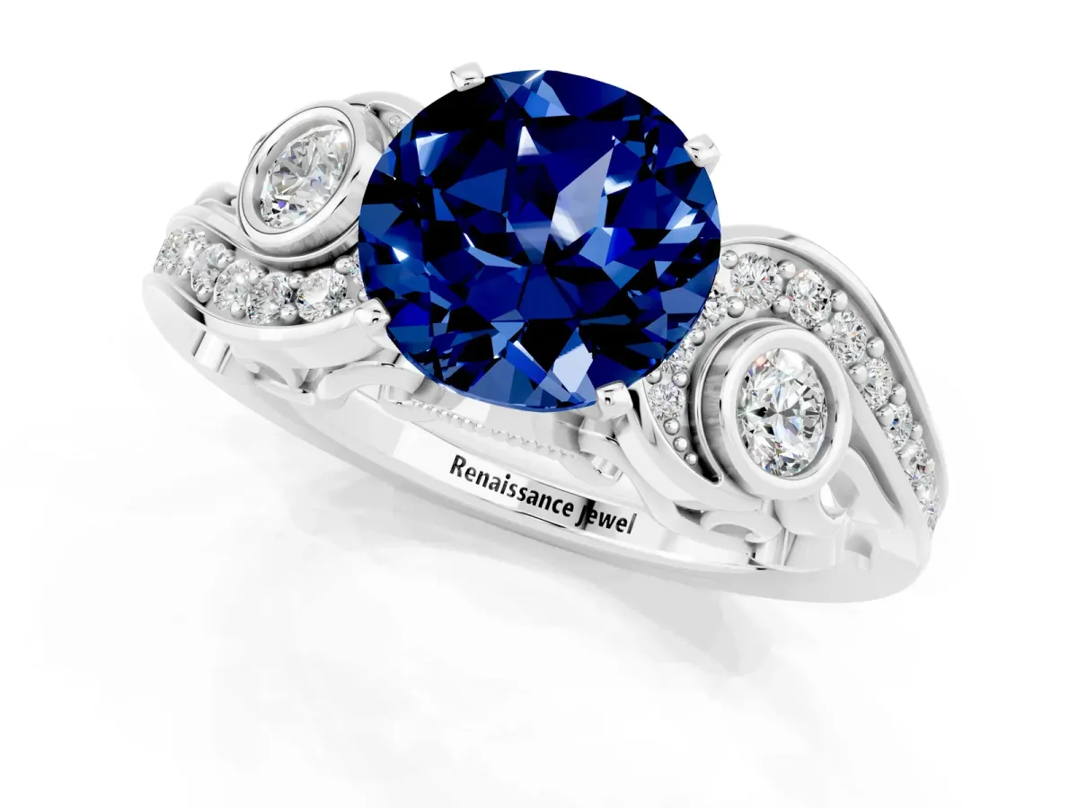 Round Cut Blue Sapphire Solitaire Ring with Milgrain Pavé Band and Four-Prong Setting Silver