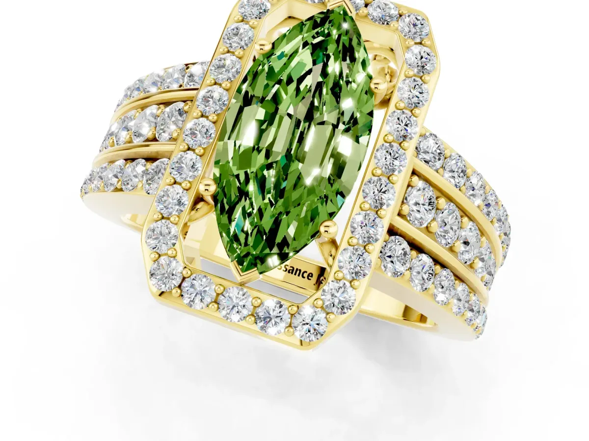Marquise Cut Halo Peridot Ring with Round Split Shank and Prong Setting Yellow gold
