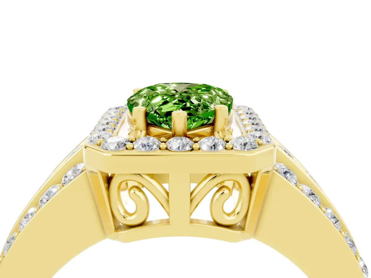 Pear Cut Halo Peridot Ring with Round Split Shank and Prong Setting Yellow gold