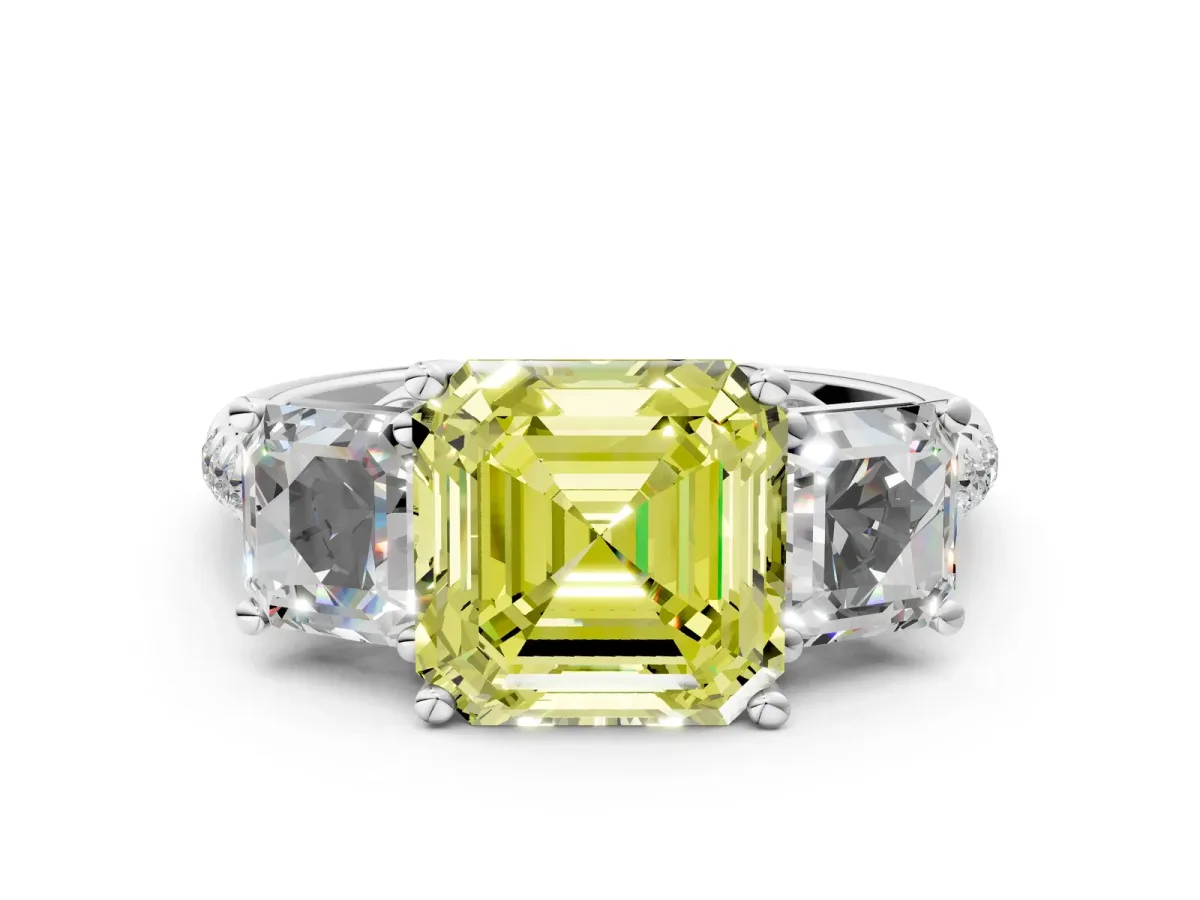 Fancy Yellow Three-Stone Asscher Cut Diamond Ring with Round Pavé Band and Prong Setting Silver
