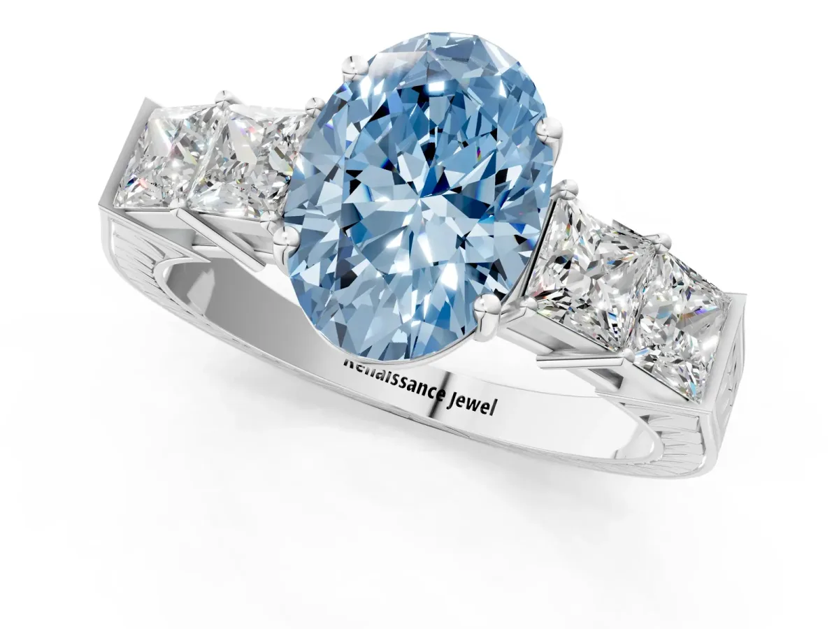 Fancy Blue Oval Cut Solitaire Princess Side Stone Engraved Band Prong Setting Ring Silver