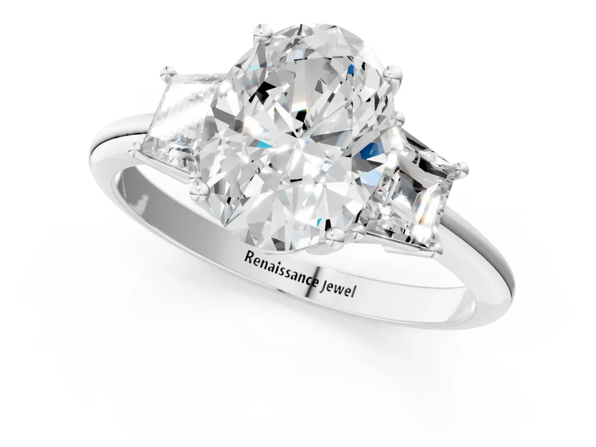Oval Cut Diamond Three-Stone Ring with Trapezoid Side Stones and Prong Setting Platinum