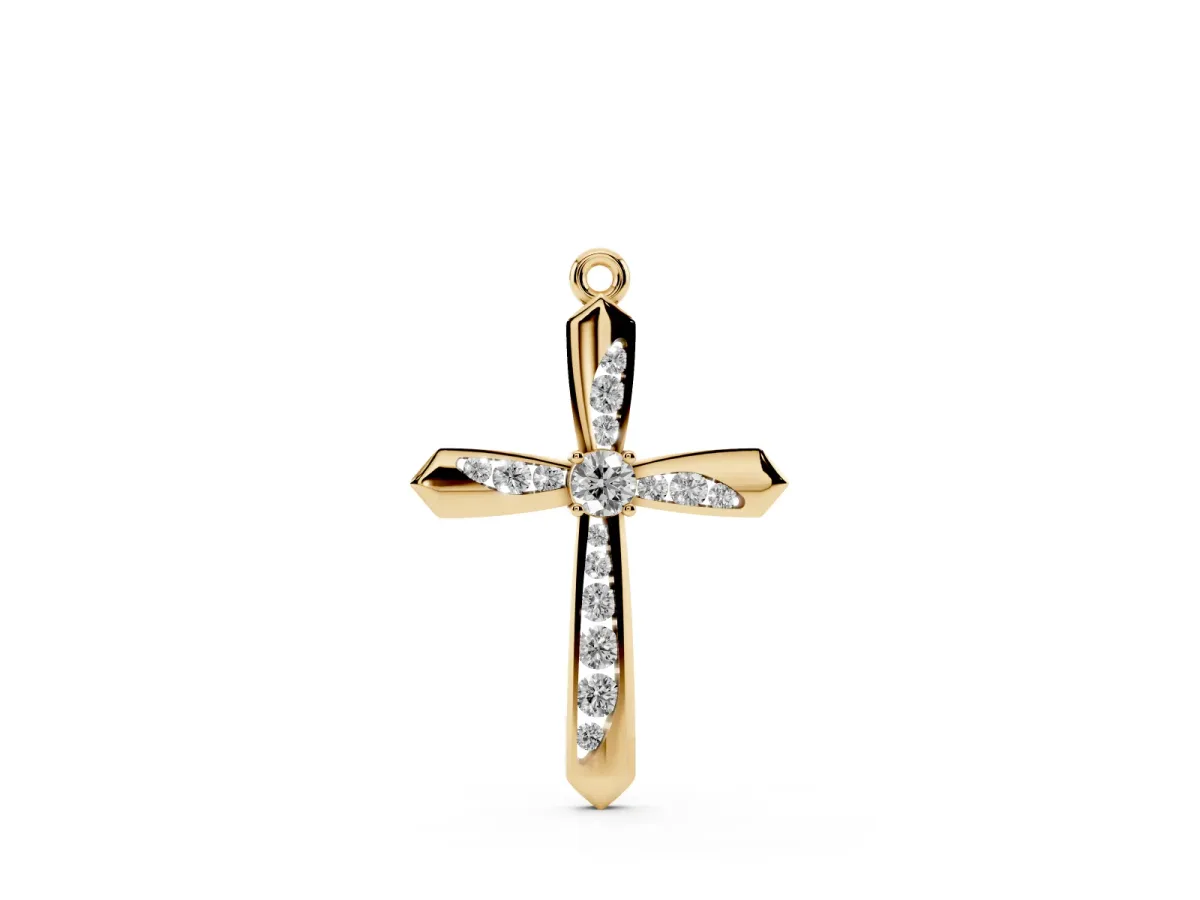 Gold Cross Pendant with Round Cut Stones and Prong Setting Yellow gold