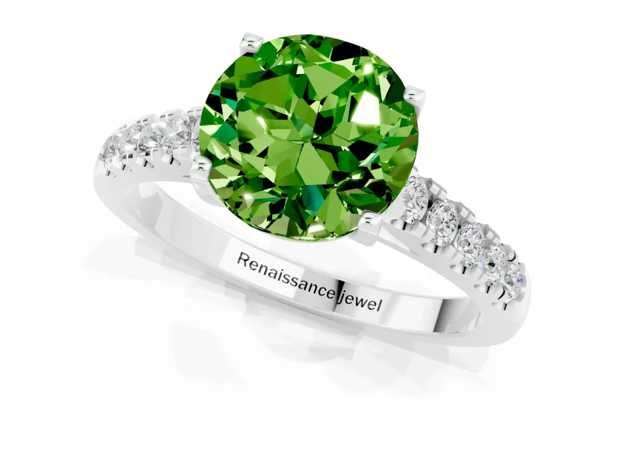 Round Cut Peridot Pavé Band Solitaire Ring with Prong Setting White gold