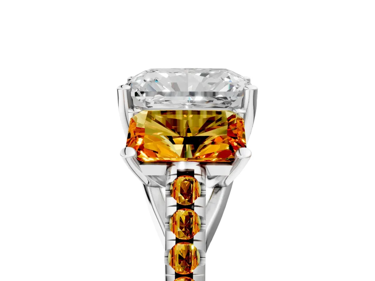Three-Stone Radiant Cut Diamond Ring with Round Citrine Pavé Band and Prong Setting Silver