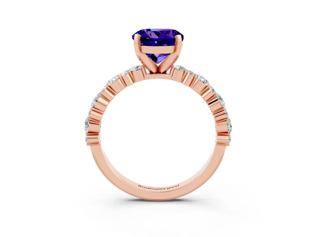 Round Cut Tanzanite Side Stone Solitaire Ring with Round and Four-Prong Setting Rose gold